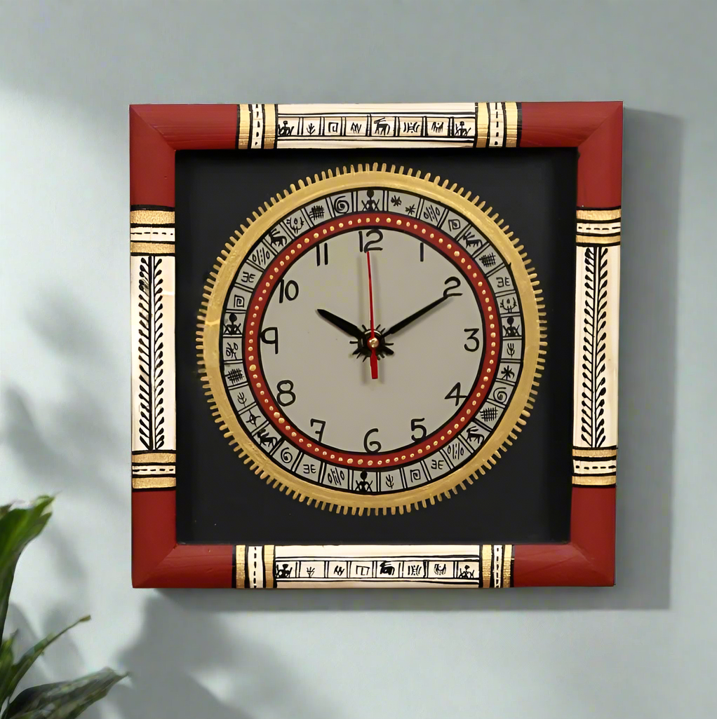 Square Wooden Clock Handcrafted With Glass Beautiful Shades New By Tamrapatra