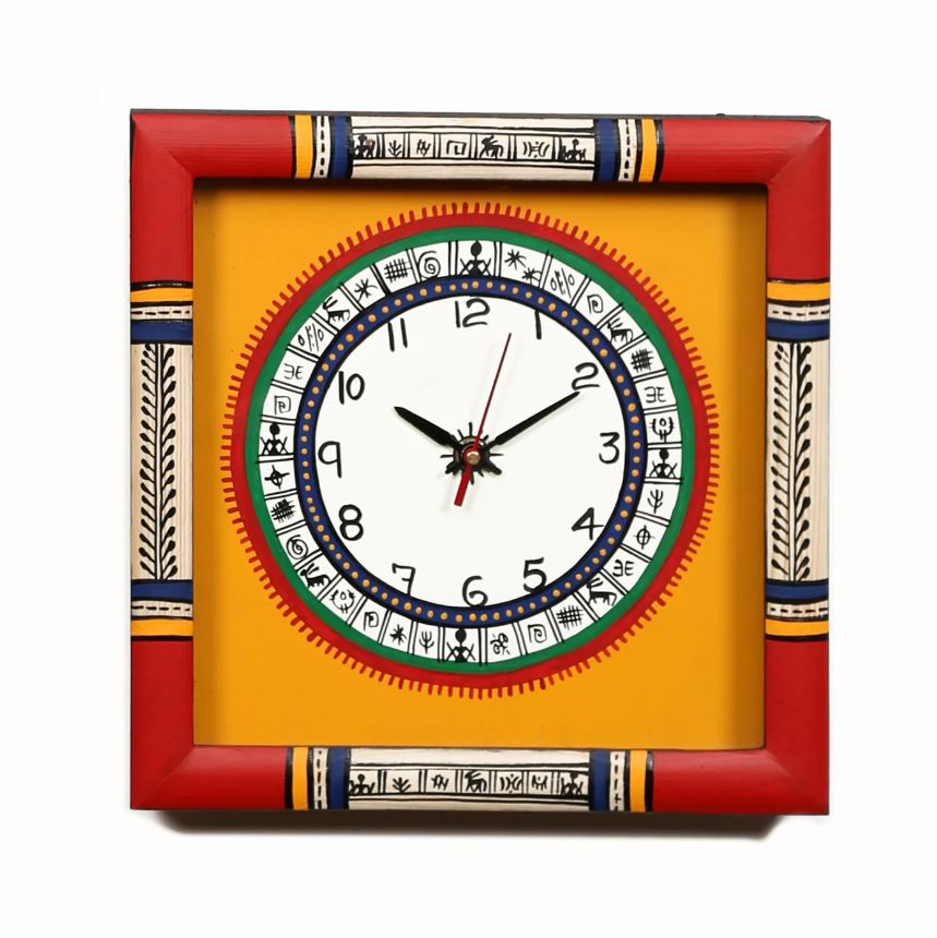 Square Wooden Clock Handcrafted With Glass Beautiful Shades New By Tamrapatra