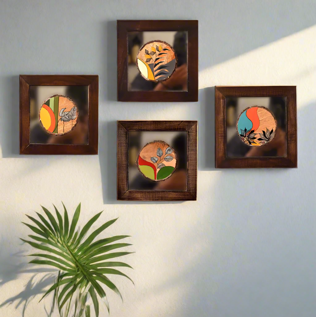 Hand Paintings In Frame With Glass On Wood Various Designs Set of 4 By Tamrapatra