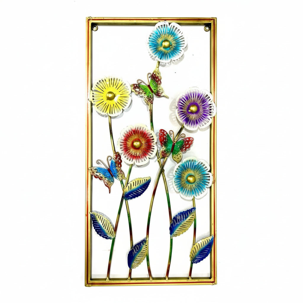 A metal hanging frame with a nature-inspired floral design, featuring multicolored flowers and green leaves against a gold background.