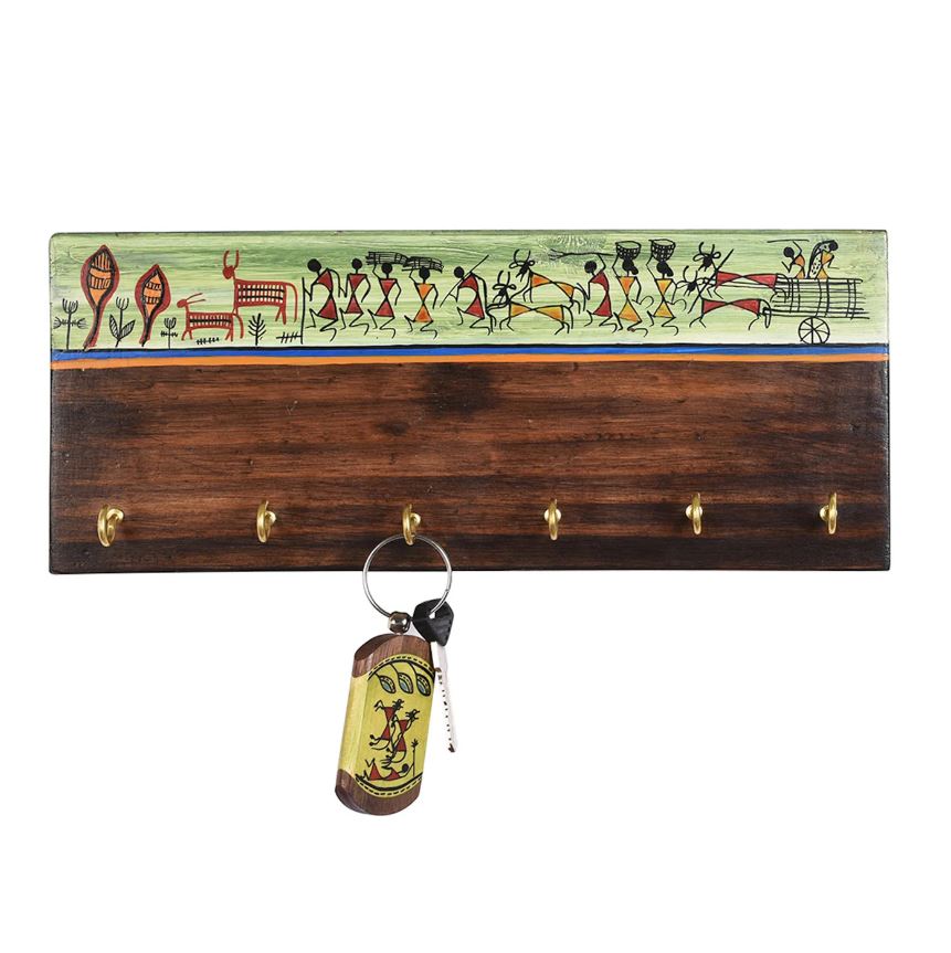 Tribal Lifestyle Based Warli Painting On Key Holder Wall Utility From Tamrapatra