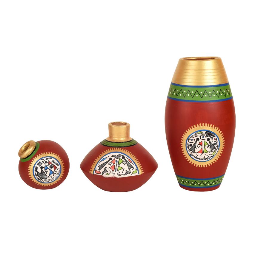 Warli Series Classy Signature Style Pots In Dashing Red Hand Painted By Tamrapatra