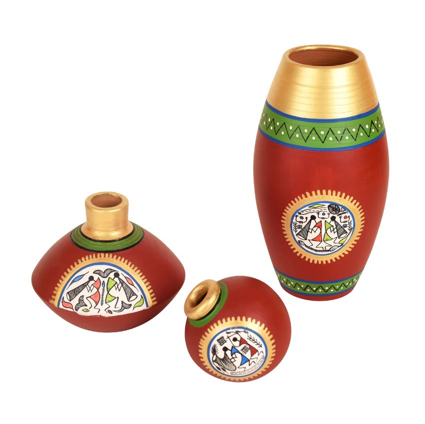 Warli Series Classy Signature Style Pots In Dashing Red Hand Painted By Tamrapatra