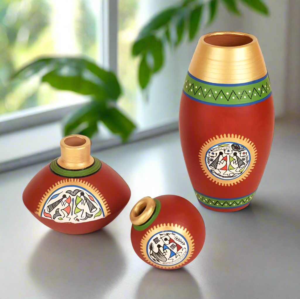 Warli Series Classy Signature Style Pots In Dashing Red Hand Painted By Tamrapatra