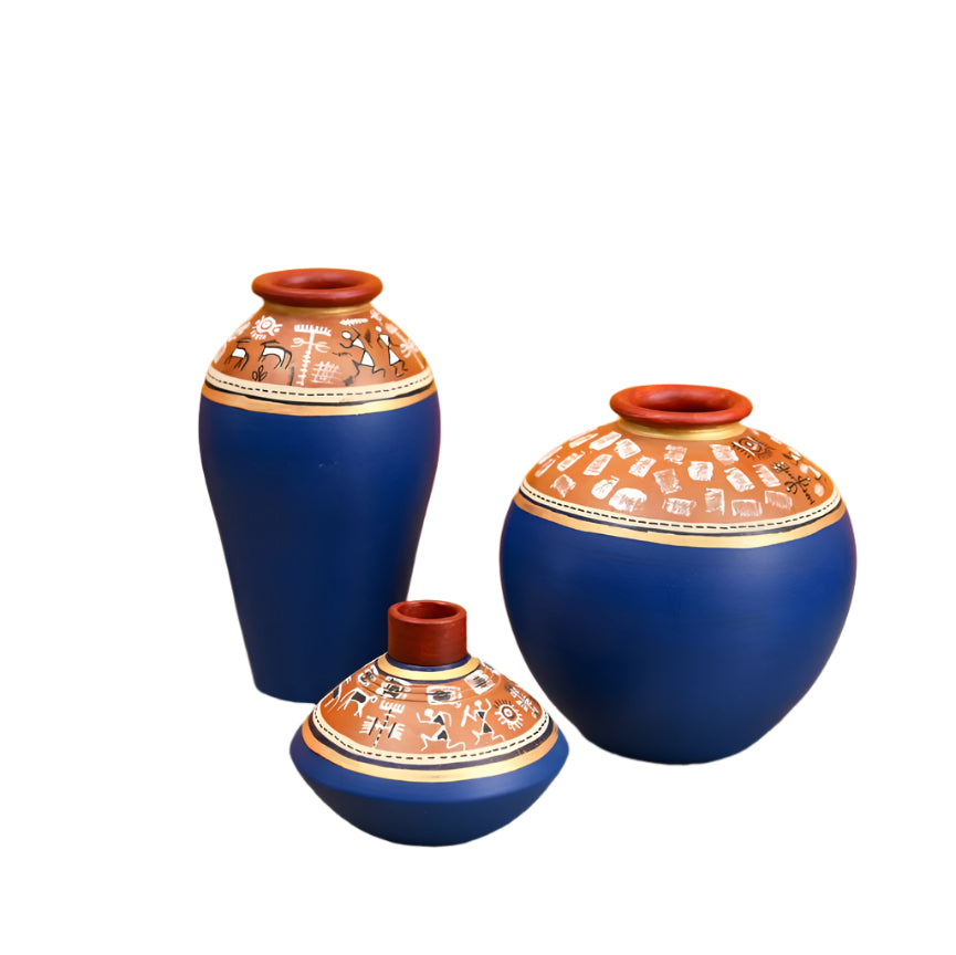 Traditional Terracotta Pottery With Warli Art Hand Painted Pots Blue Tamrapatra