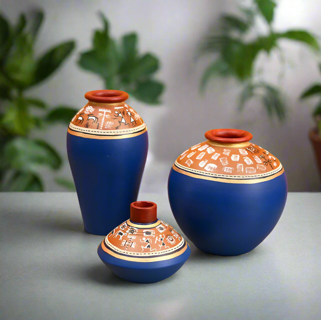 Traditional Terracotta Pottery With Warli Art Hand Painted Pots Blue Tamrapatra
