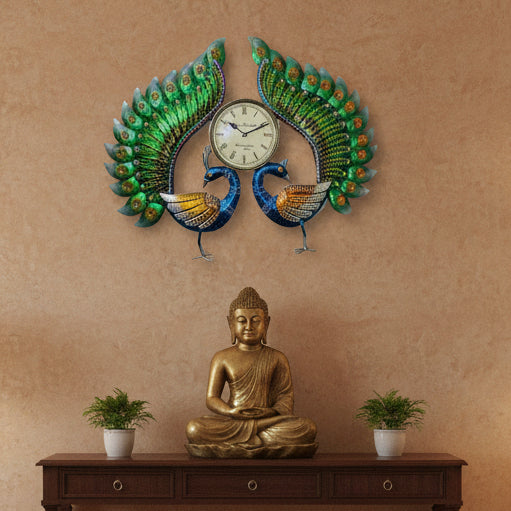 2 Peacock Metal Clock Collection Beautiful Handcrafted Utility Décor Tamrapatra - Tamrapatra