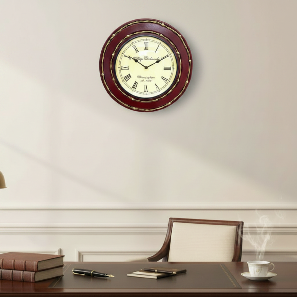 Decorative wall clock on a wall above a desk with books and a cup.