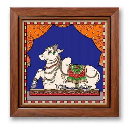 Traditional Tanjore Paintings In Reverse Glass Royal Nandi Kamdhenu From Tamrapatra