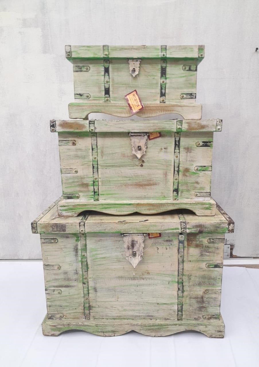 Nester Box Set Of 3 Treasure Sandook Rustic Green Trunks Handmade By Tamrapatra