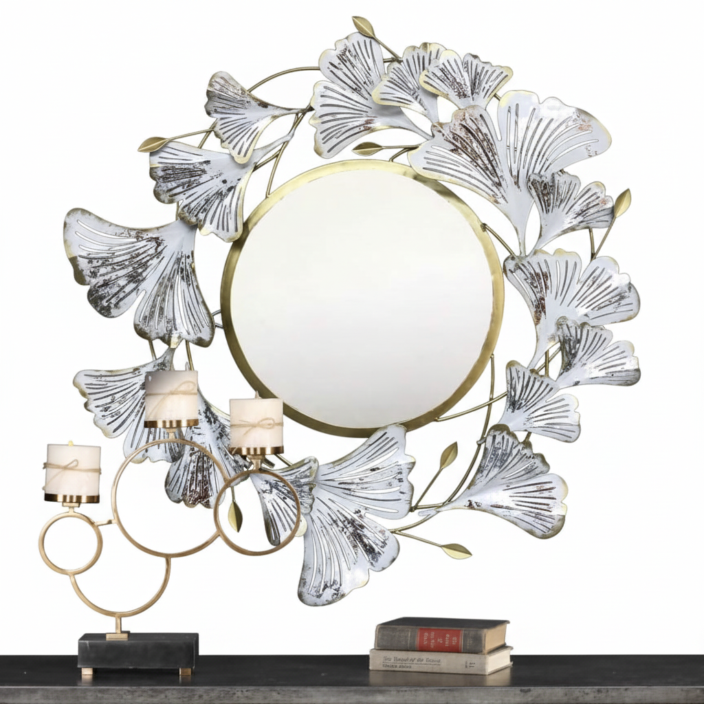 Ginkgo Leaf Wall Metal Décor Mirror Exclusive Handcrafted Decoration By Tamrapatra - Tamrapatra
