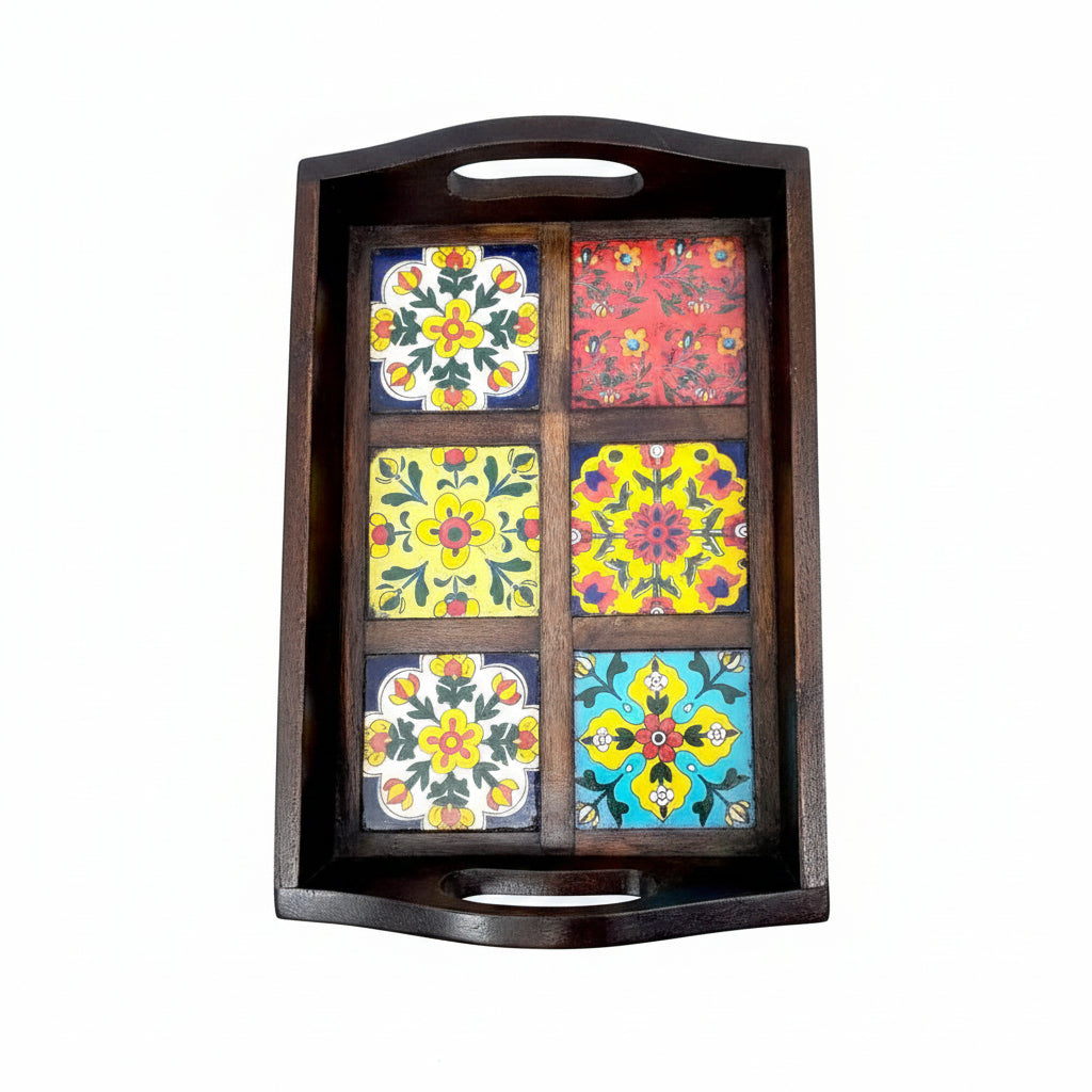 Blue Pottery Tiles Fitted On Strong Wooden Tray Home Decor Utility By Tamrapatra - Tamrapatra