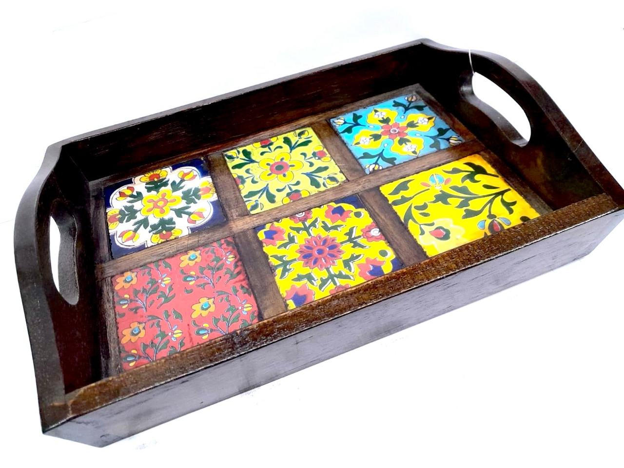 Blue Pottery Tiles Fitted On Strong Wooden Tray Home Decor Utility By Tamrapatra