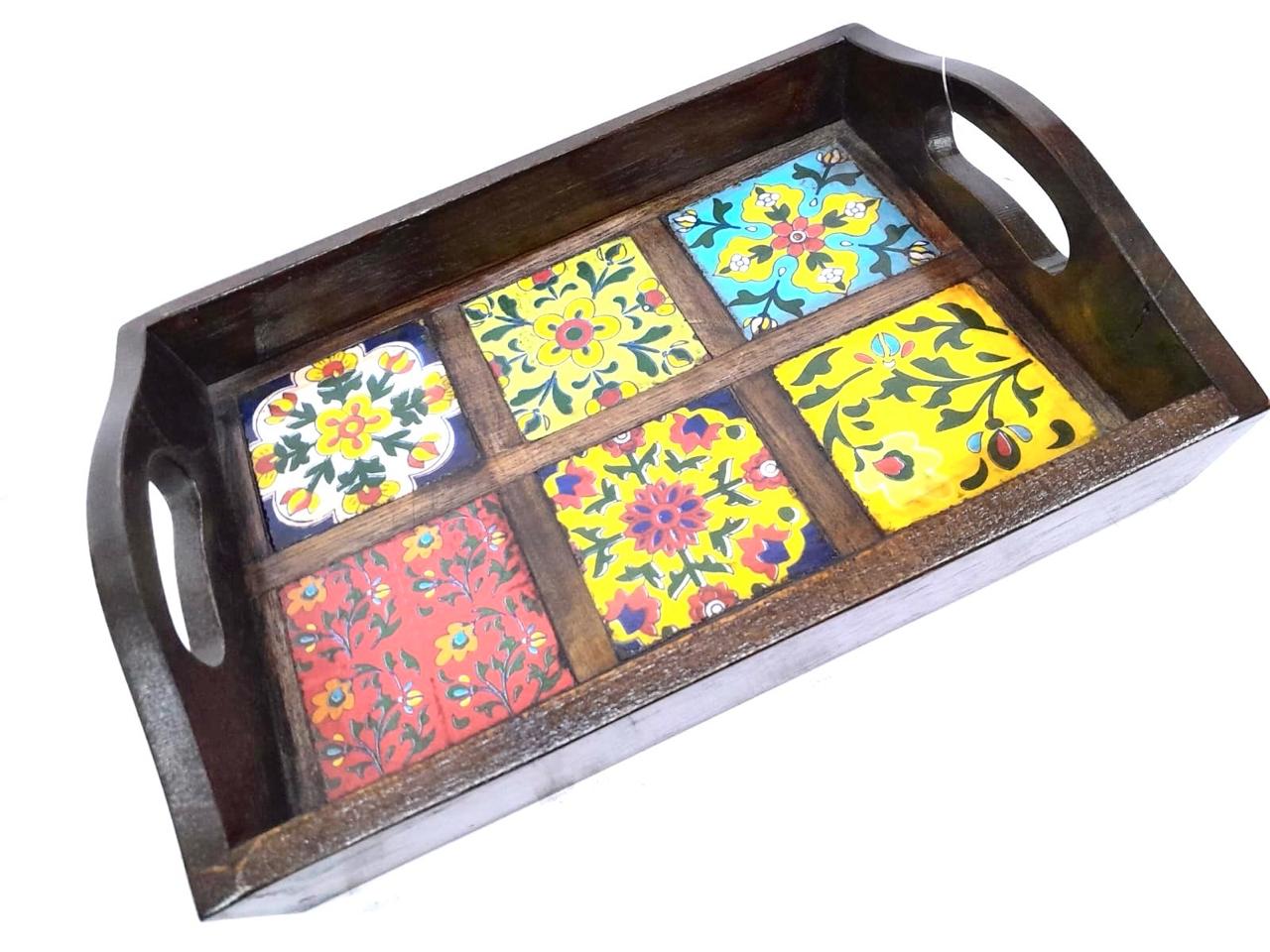 Blue Pottery Tiles Fitted On Strong Wooden Tray Home Decor Utility By Tamrapatra