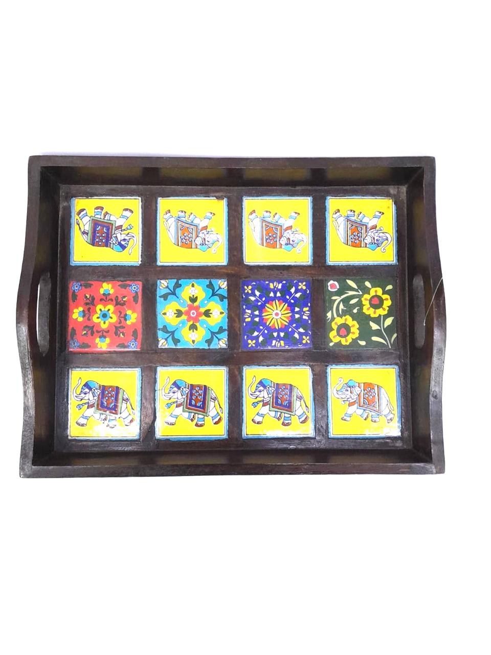 Blue Pottery Tiles Fitted On Strong Wooden Tray Home Decor Utility By Tamrapatra