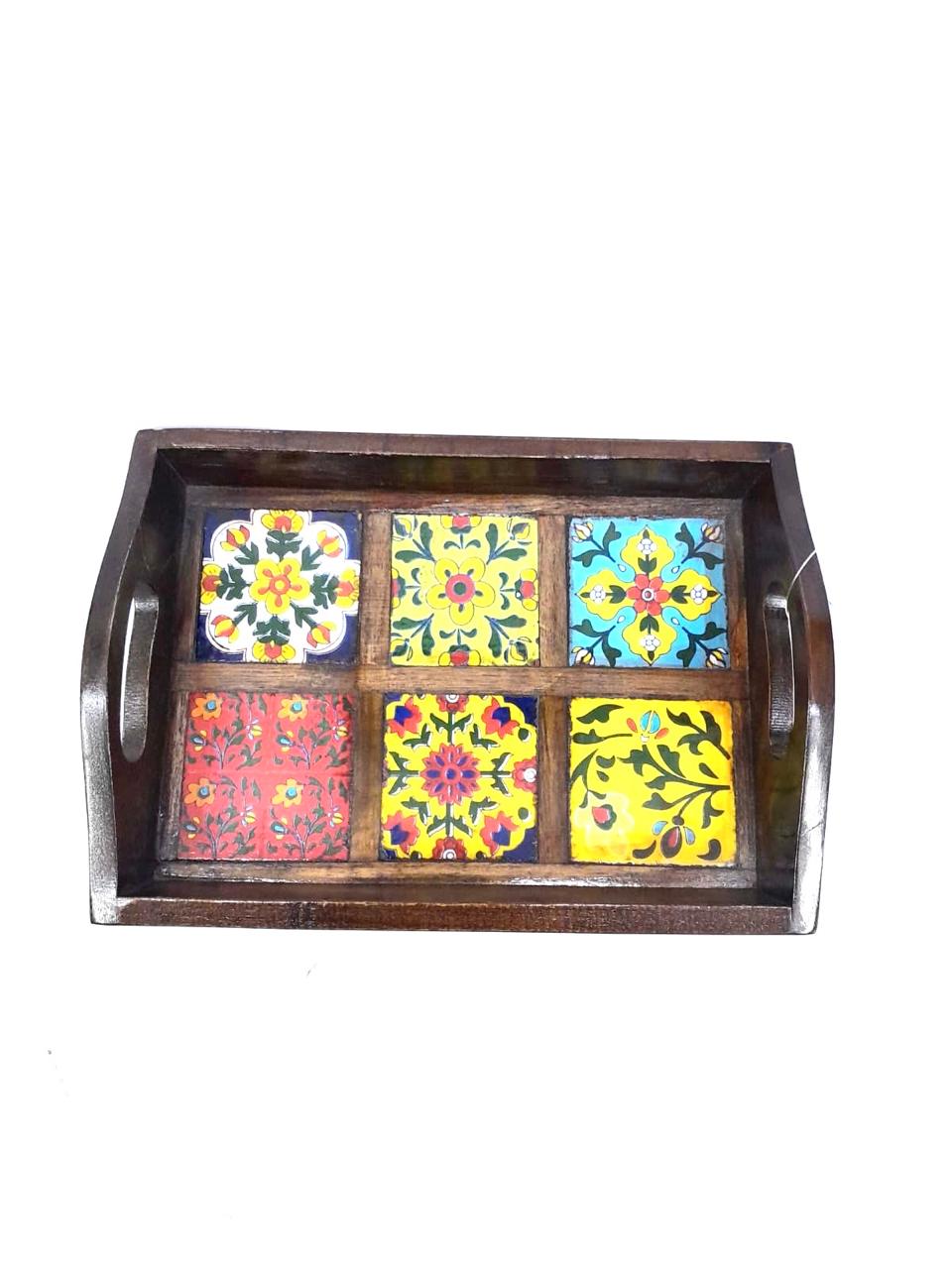Blue Pottery Tiles Fitted On Strong Wooden Tray Home Decor Utility By Tamrapatra