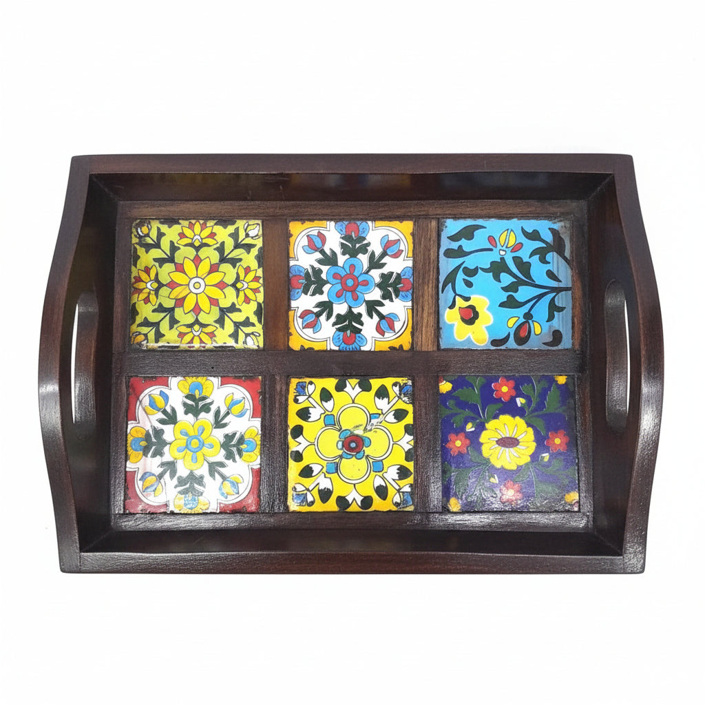 Blue Pottery Tiles Fitted On Strong Wooden Tray Home Decor Utility By Tamrapatra - Tamrapatra