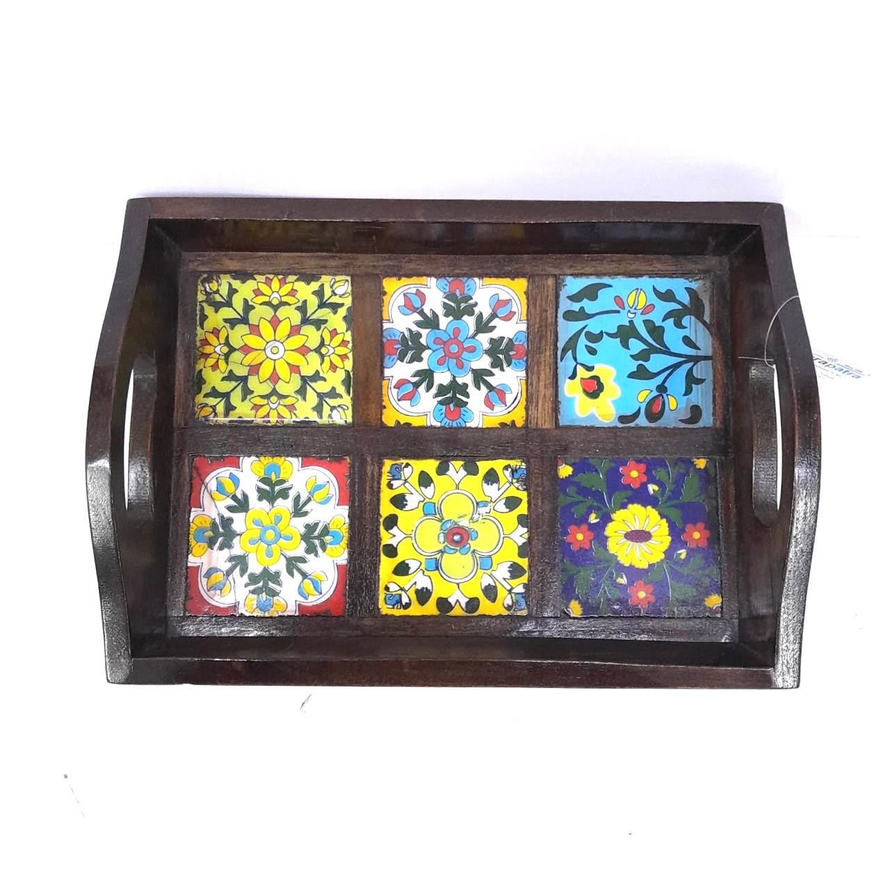 Blue Pottery Tiles Fitted On Strong Wooden Tray Home Decor Utility By Tamrapatra