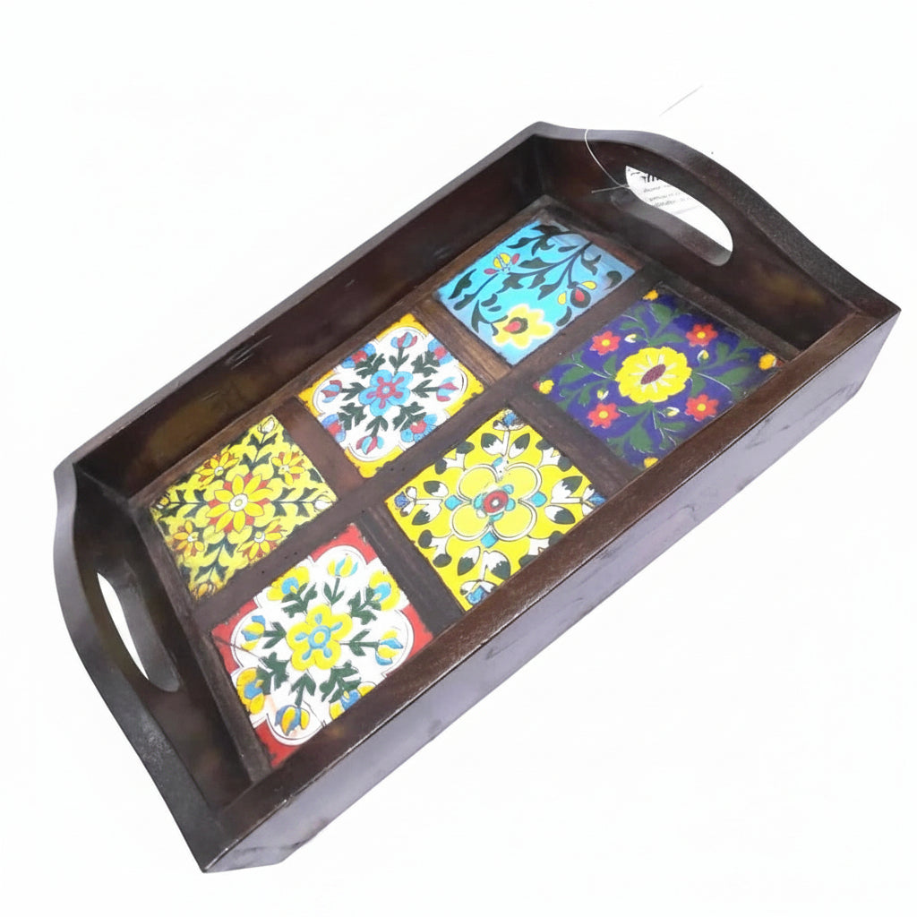 Blue Pottery Tiles Fitted On Strong Wooden Tray Home Decor Utility By Tamrapatra - Tamrapatra