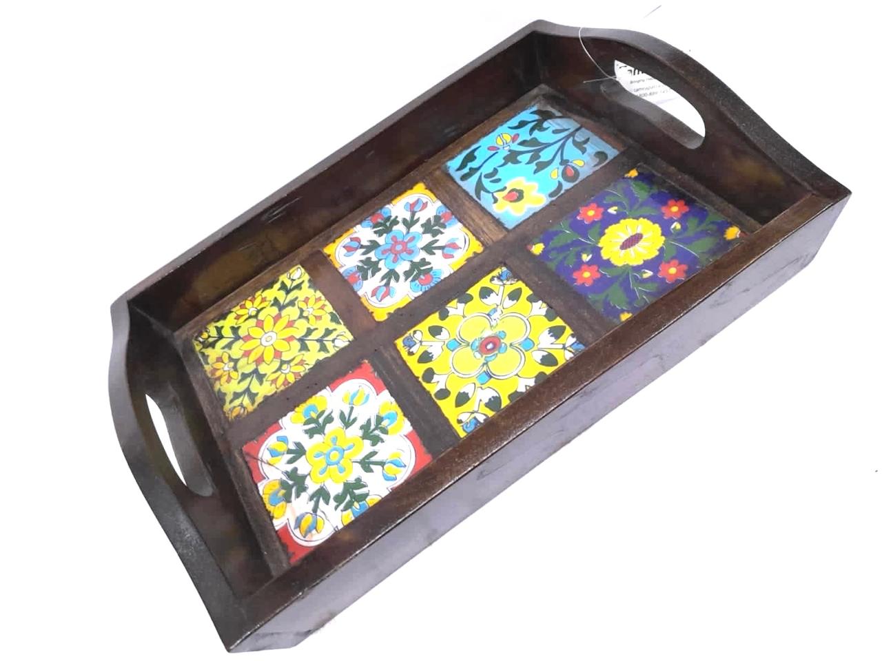 Blue Pottery Tiles Fitted On Strong Wooden Tray Home Decor Utility By Tamrapatra
