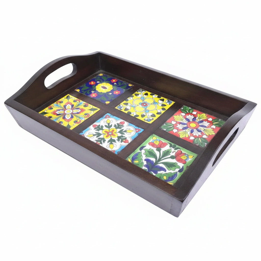 Blue Pottery Tiles Fitted On Strong Wooden Tray Home Decor Utility By Tamrapatra - Tamrapatra