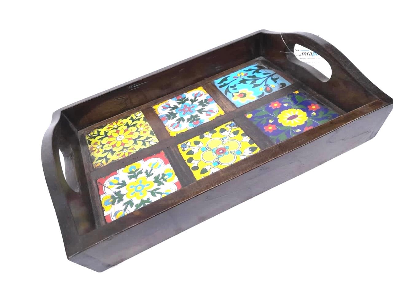 Blue Pottery Tiles Fitted On Strong Wooden Tray Home Decor Utility By Tamrapatra