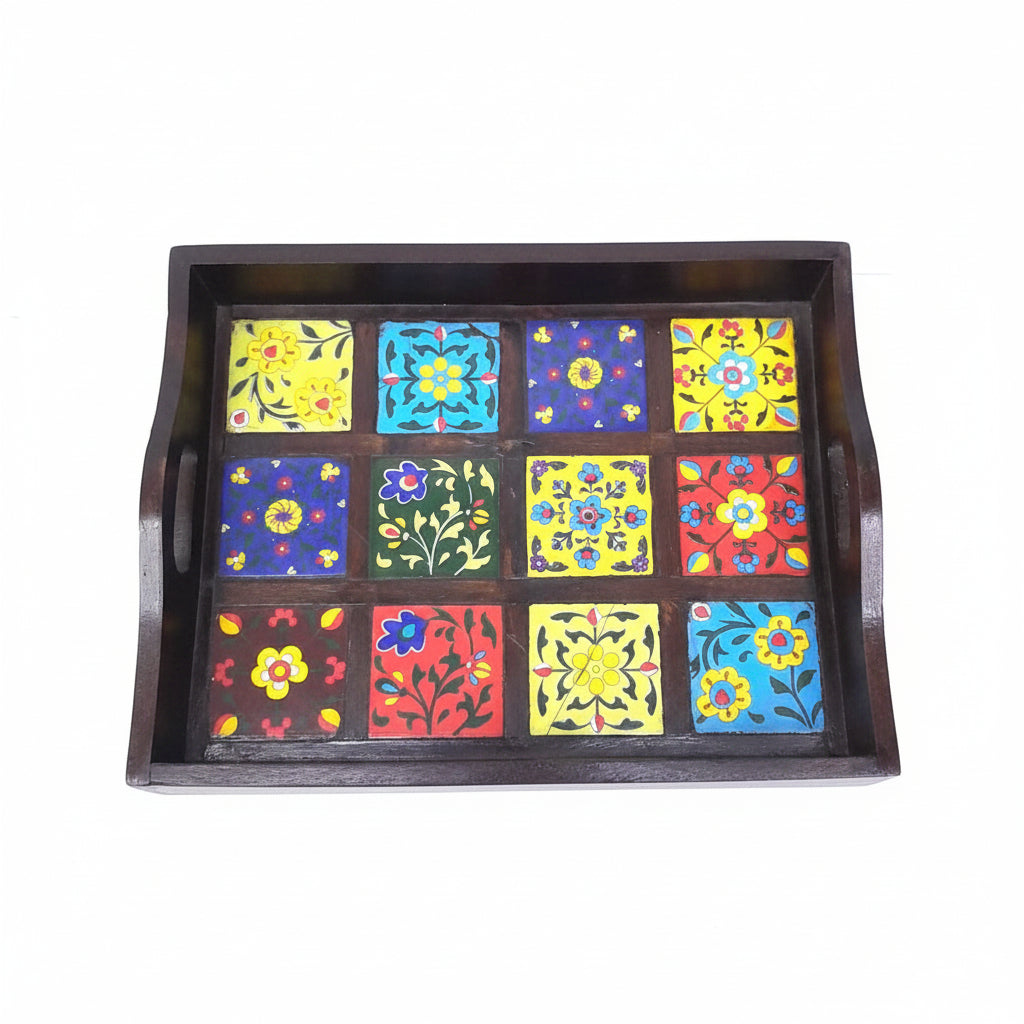 Blue Pottery Tiles Fitted On Strong Wooden Tray Home Decor Utility By Tamrapatra - Tamrapatra