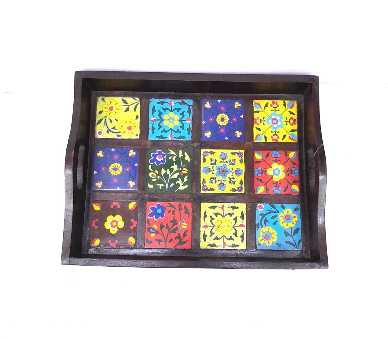 Blue Pottery Tiles Fitted On Strong Wooden Tray Home Decor Utility By Tamrapatra