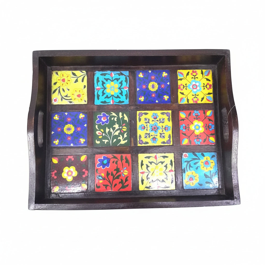 Blue Pottery Tiles Fitted On Strong Wooden Tray Home Decor Utility By Tamrapatra - Tamrapatra