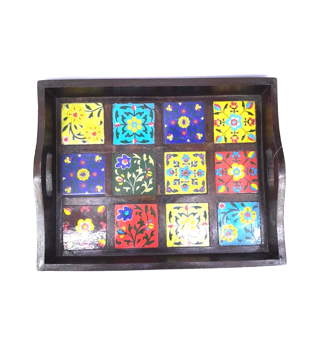 Blue Pottery Tiles Fitted On Strong Wooden Tray Home Decor Utility By Tamrapatra
