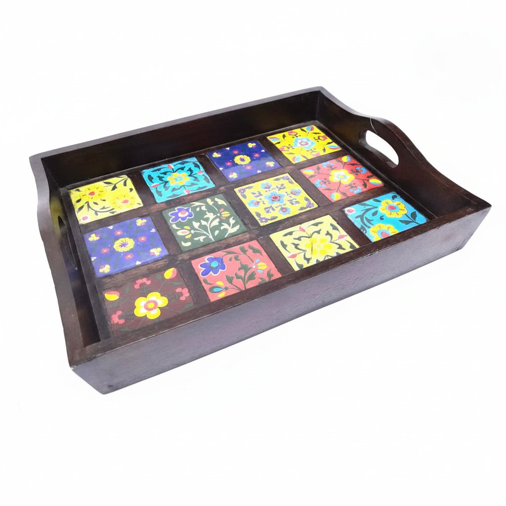 Blue Pottery Tiles Fitted On Strong Wooden Tray Home Decor Utility By Tamrapatra - Tamrapatra
