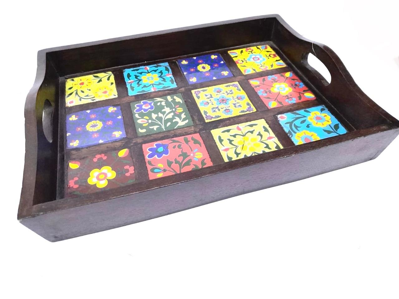 Blue Pottery Tiles Fitted On Strong Wooden Tray Home Decor Utility By Tamrapatra