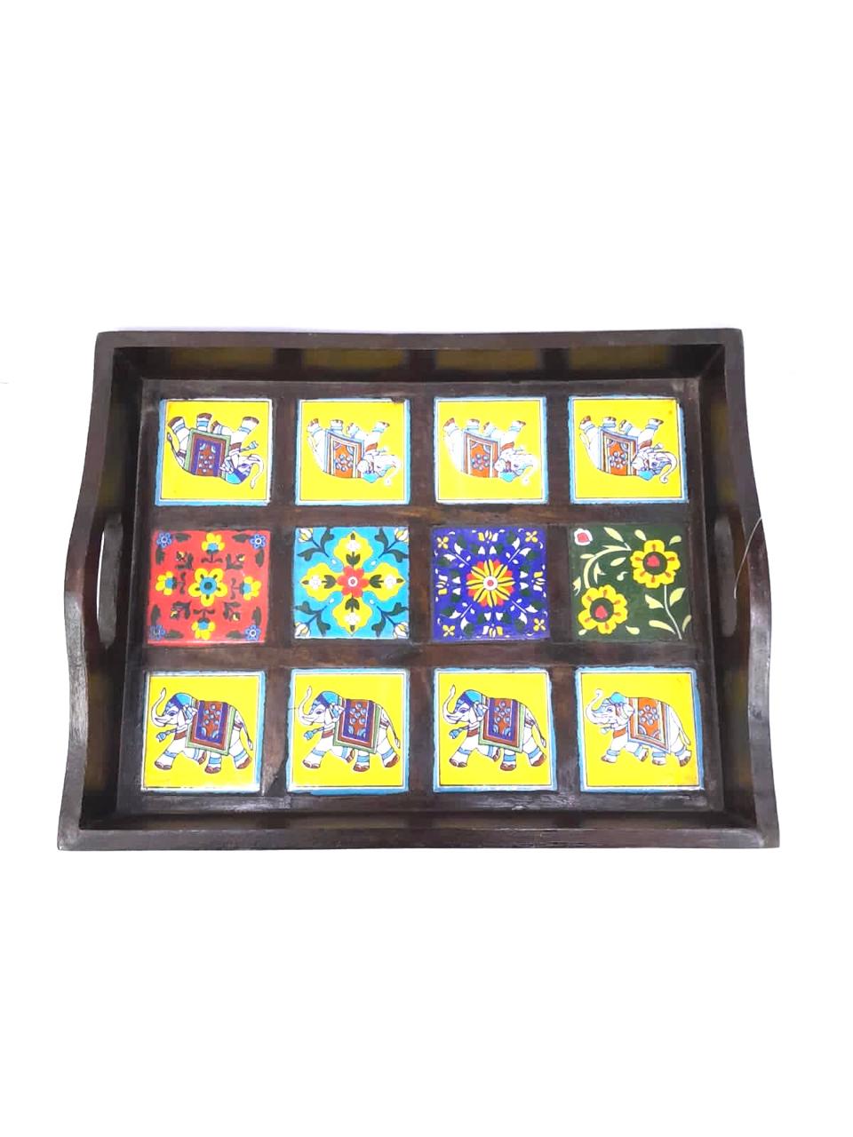 Blue Pottery Tiles Fitted On Strong Wooden Tray Home Decor Utility By Tamrapatra