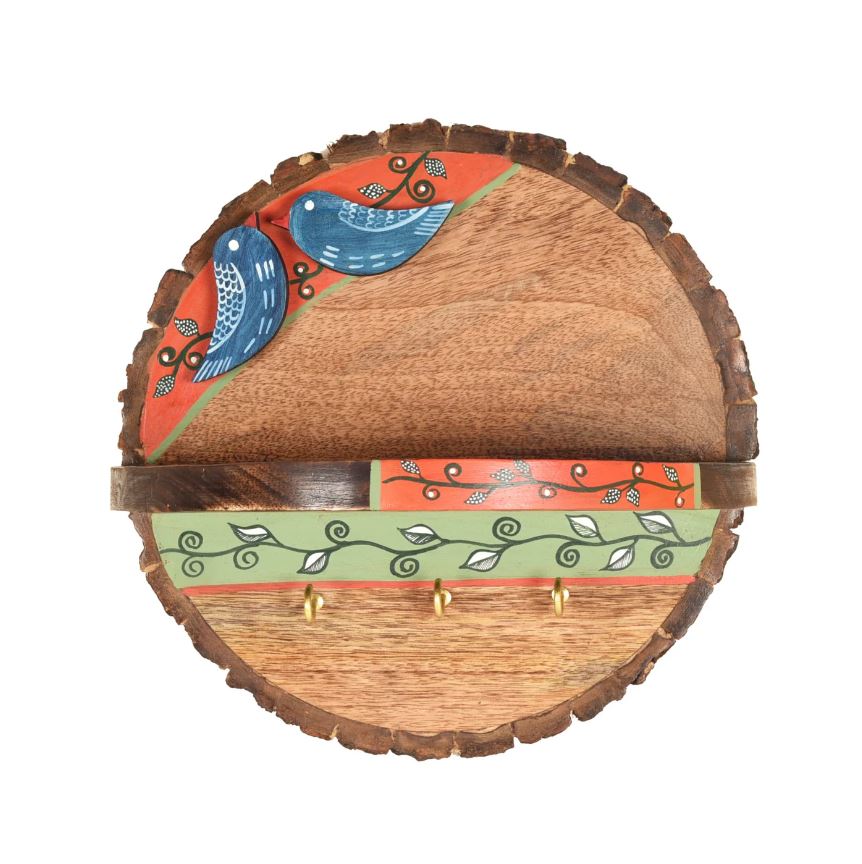 Wooden Round Shelf Handmade With Birds Art Key Holder Creation By Tamrapatra