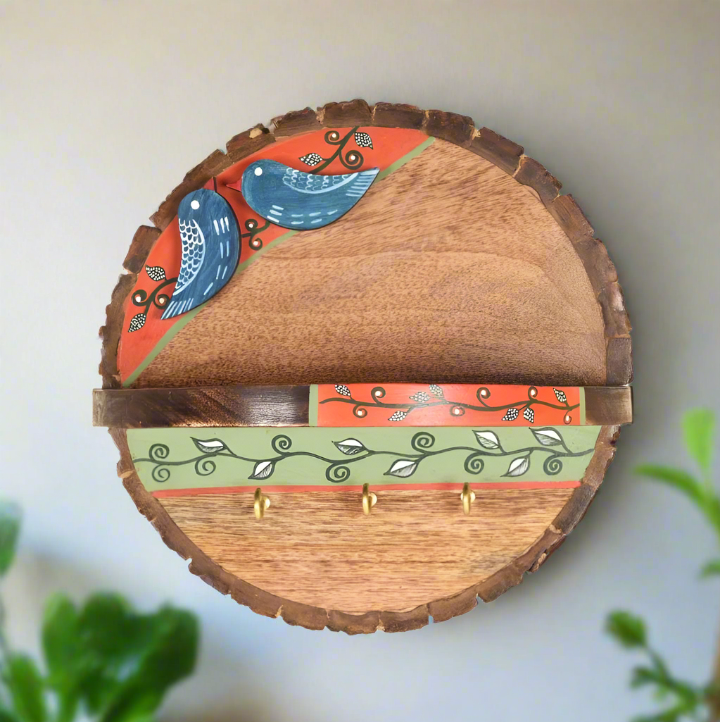 Wooden Round Shelf Handmade With Birds Art Key Holder Creation By Tamrapatra