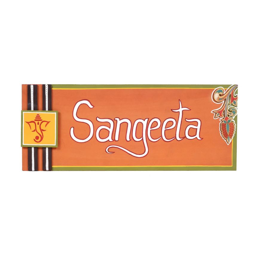 Name Plate Orange Shade With Ganesh Floral Design Wall Utility From Tamrapatra