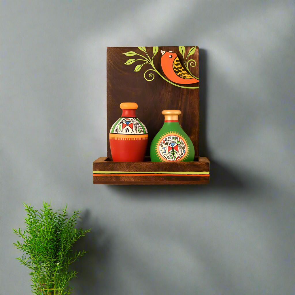 Wall Shelf Wooden With Bird Hand Painting To Showcase Artifacts By Tamrapatra