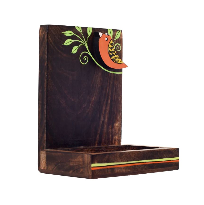 Wall Shelf Wooden With Bird Hand Painting To Showcase Artifacts By Tamrapatra