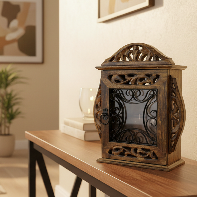 Wooden Solid Iron Grill Box Style Key Holders Wall Art Vintage Décor Tamrapatra - Tamrapatra