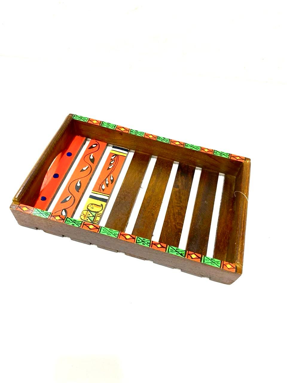 Stylish Hand Painted With Acrylic Colors Wooden Tray Utility Storage By Tamrapatra