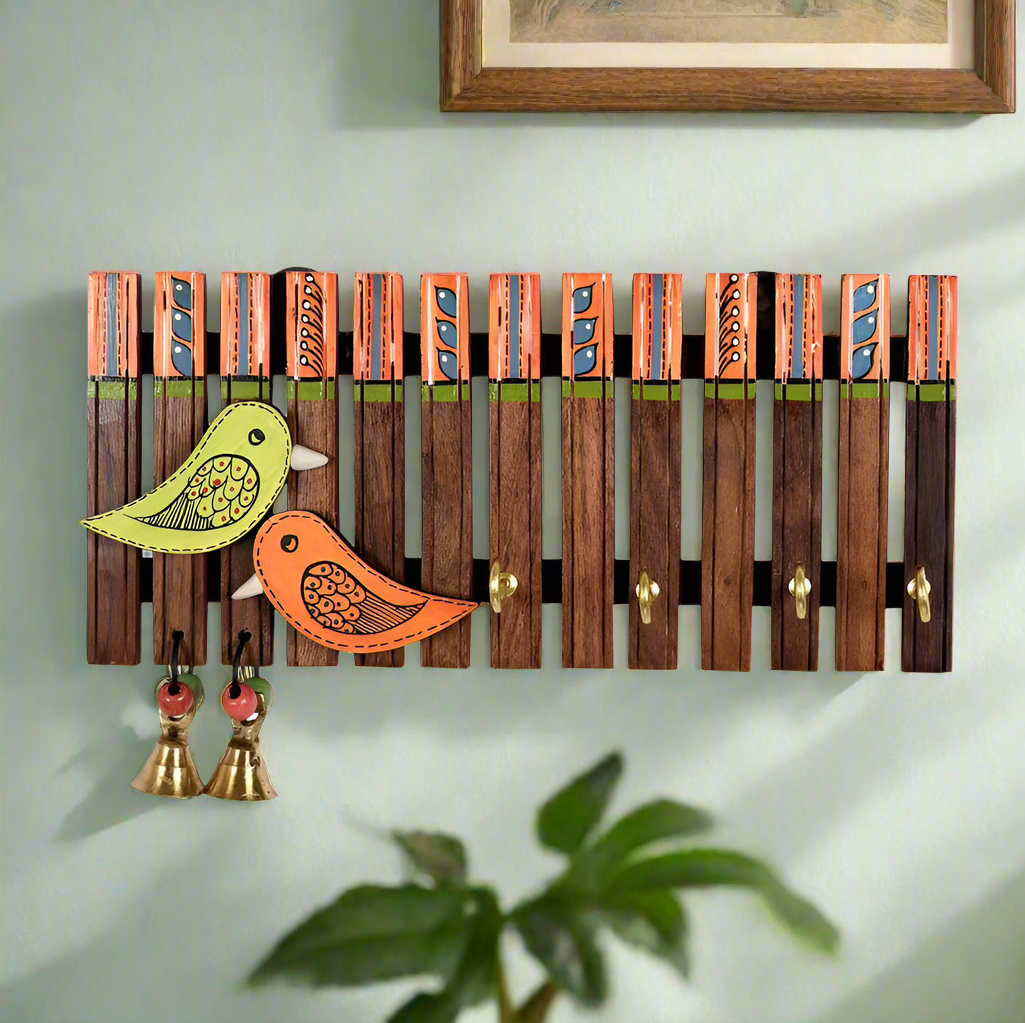 Beautiful Birds Wooden Art Wall Key Hanger With 2 Metal Bells By Tamrapatra