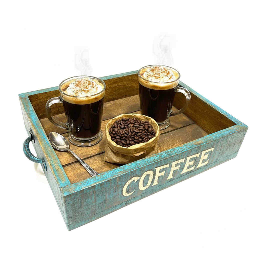 A rustic wooden coffee serving tray with a distressed teal-blue painted frame and the word "COFFEE" printed on the front. The tray holds two hot coffee drinks with whipped cream, a small bag of coffee beans, and a spoon, photographed on a white background.