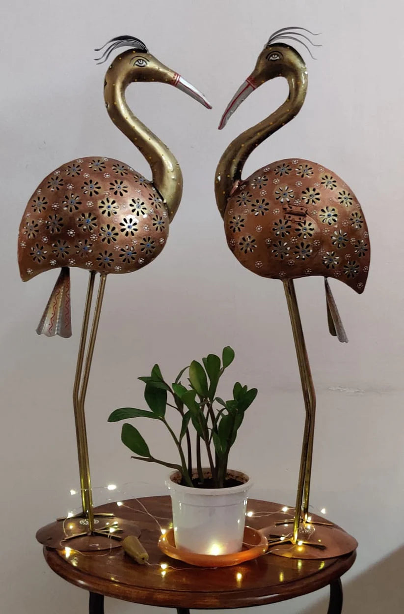 Graceful Crane Décor Metal Showpiece Set Of 2 With Candle Holder Tamrapatra