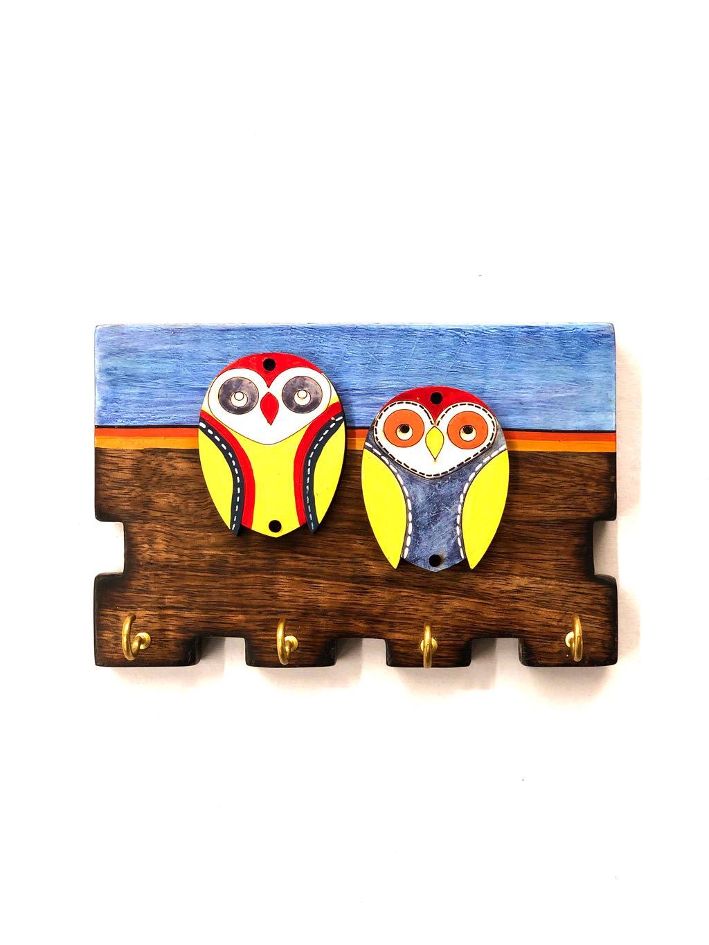 Wooden Cute Little Owls Painted Bright Colors Key Hanger By Tamrapatra