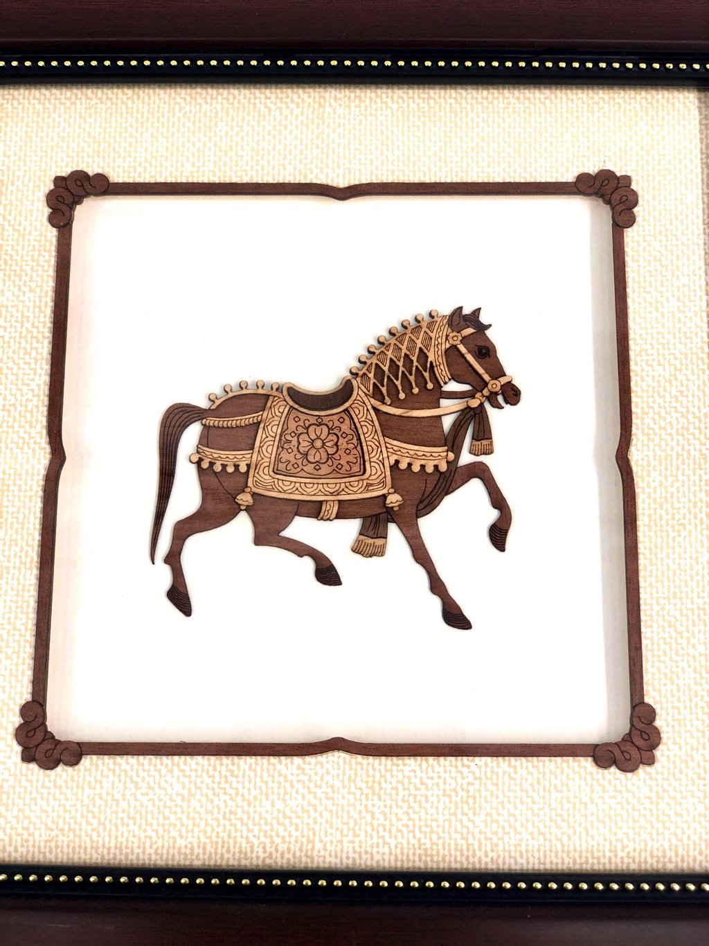 3D Wooden Carving Horse With Classic Brown Frame & Glass Frames Now Tamrapatra