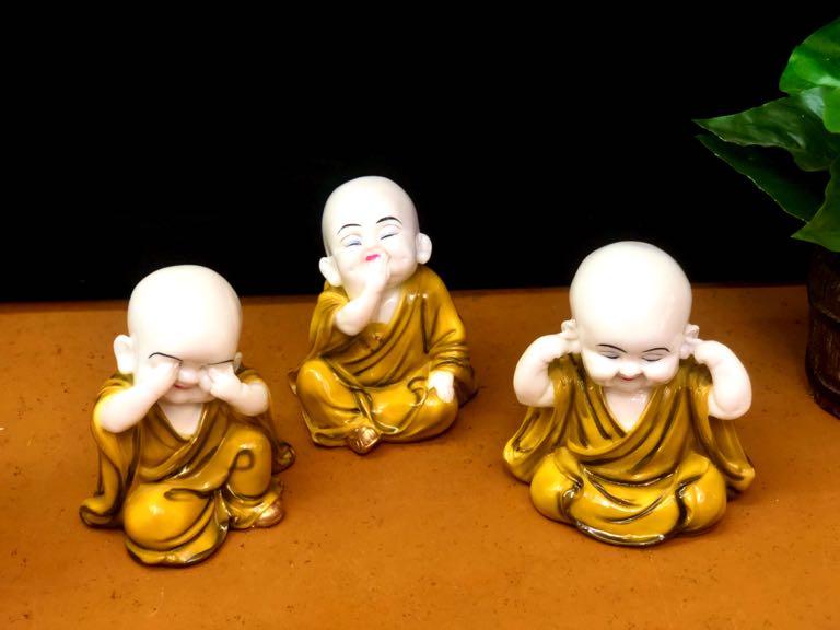 Playful Monks Feng Shui Mustard Yellow Resin Relics From Tamrapatra - Tamrapatra