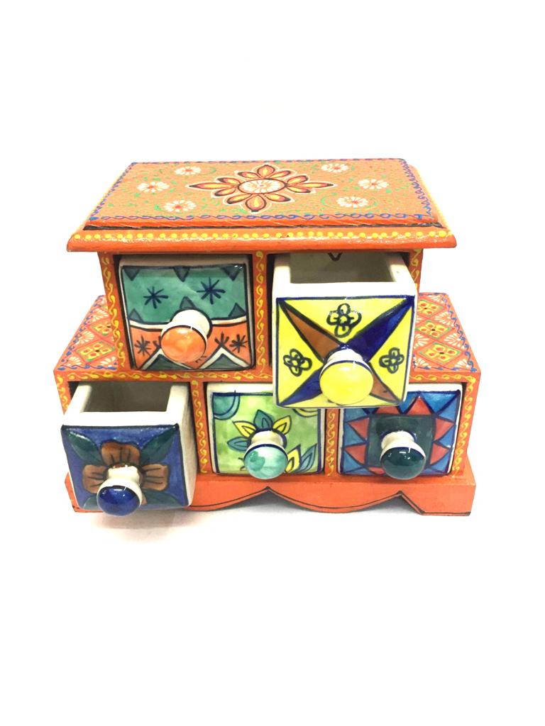 5 Drawer Ceramic Handcrafted Indian Wooden Artware Utility Gifts Tamrapatra
