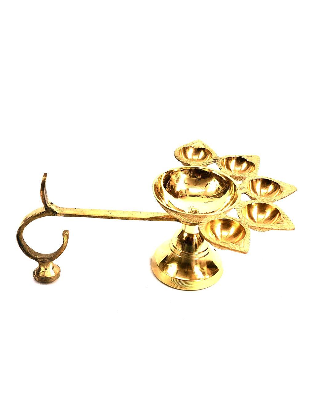 Brass 5 Diya Panch Arti Handle Prayers Religious Decorations By Tamrapatra