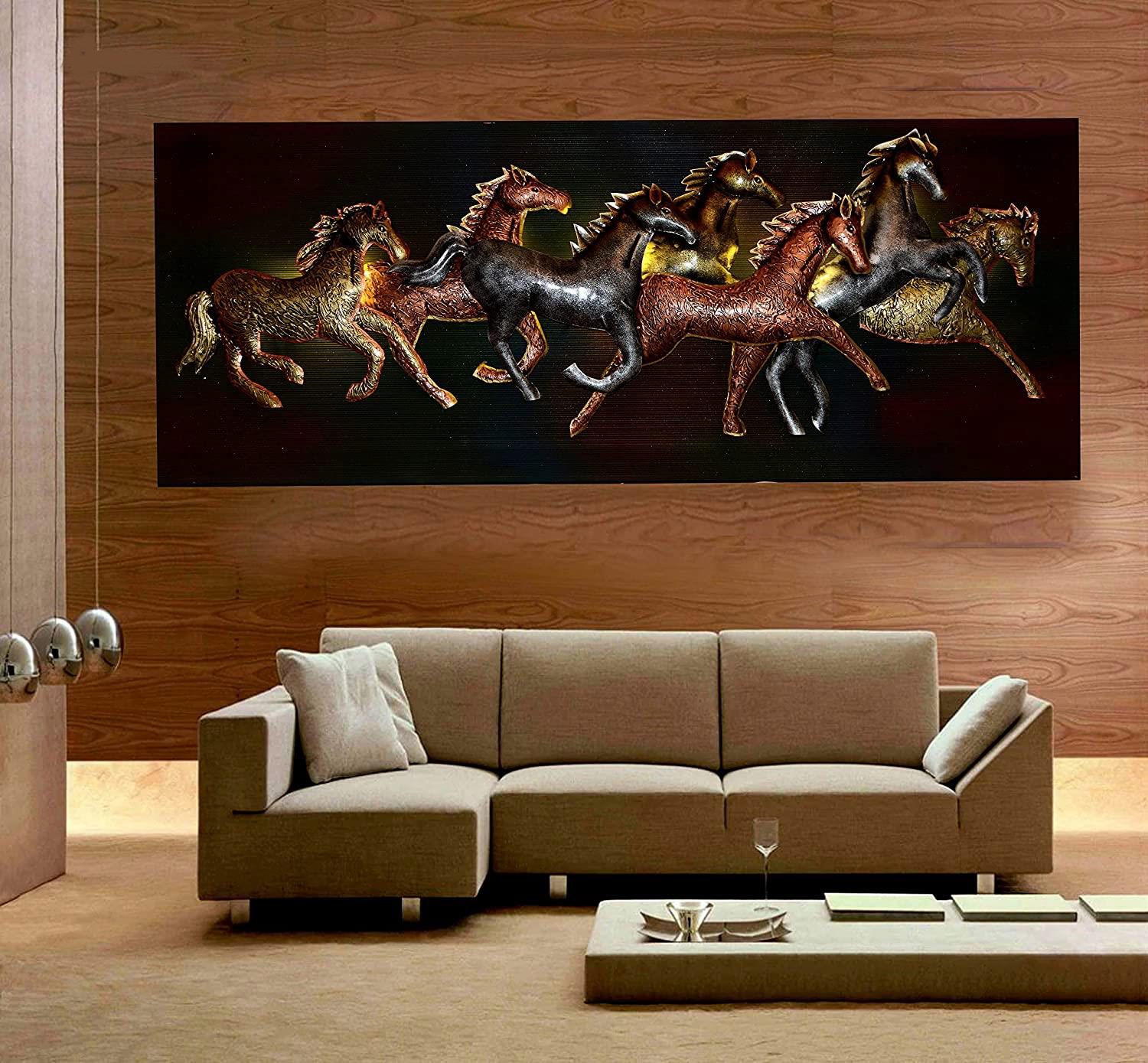 Luxurious 7 Running Horses Metal Carved On Painted MDF With LED Tamrapatra