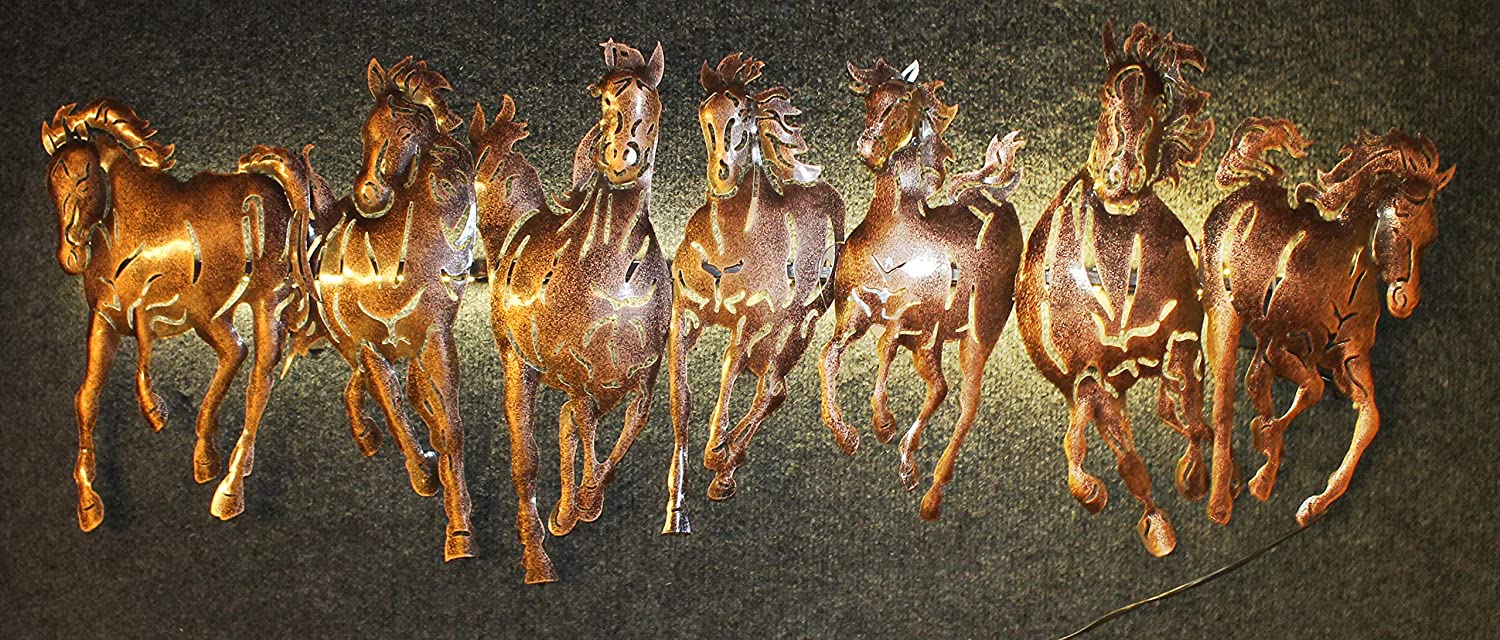 Big 7 Horses Striking Metal Wall Decor Hanging Vaastu LED Lights Tamrapatra